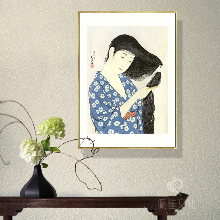日式挂画桥口五叶出水芙蓉日本仕女酒店背景墙有框装饰客厅油画布