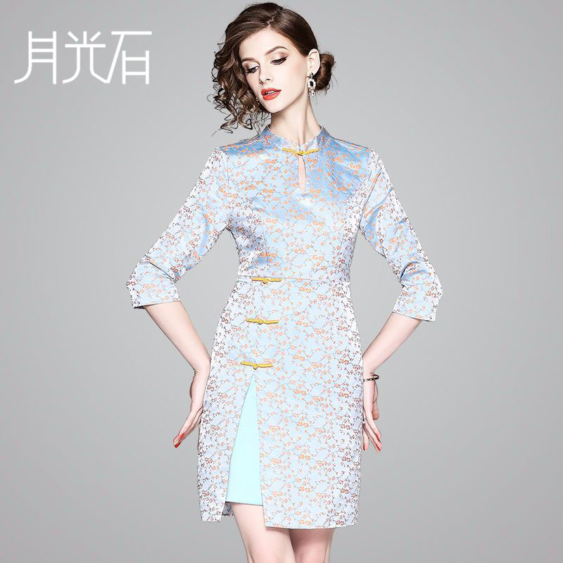 月光石女提花开叉气质高端显瘦旗袍连衣裙OL80149