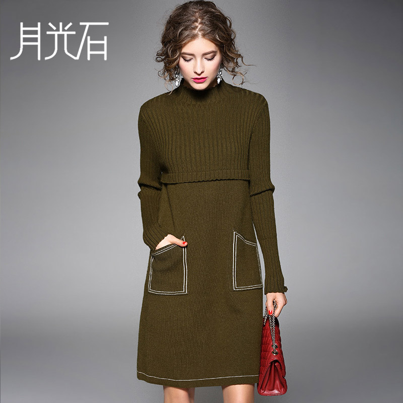 月光石女装欧美精品纯色拼接长袖针织连衣裙ZR4146