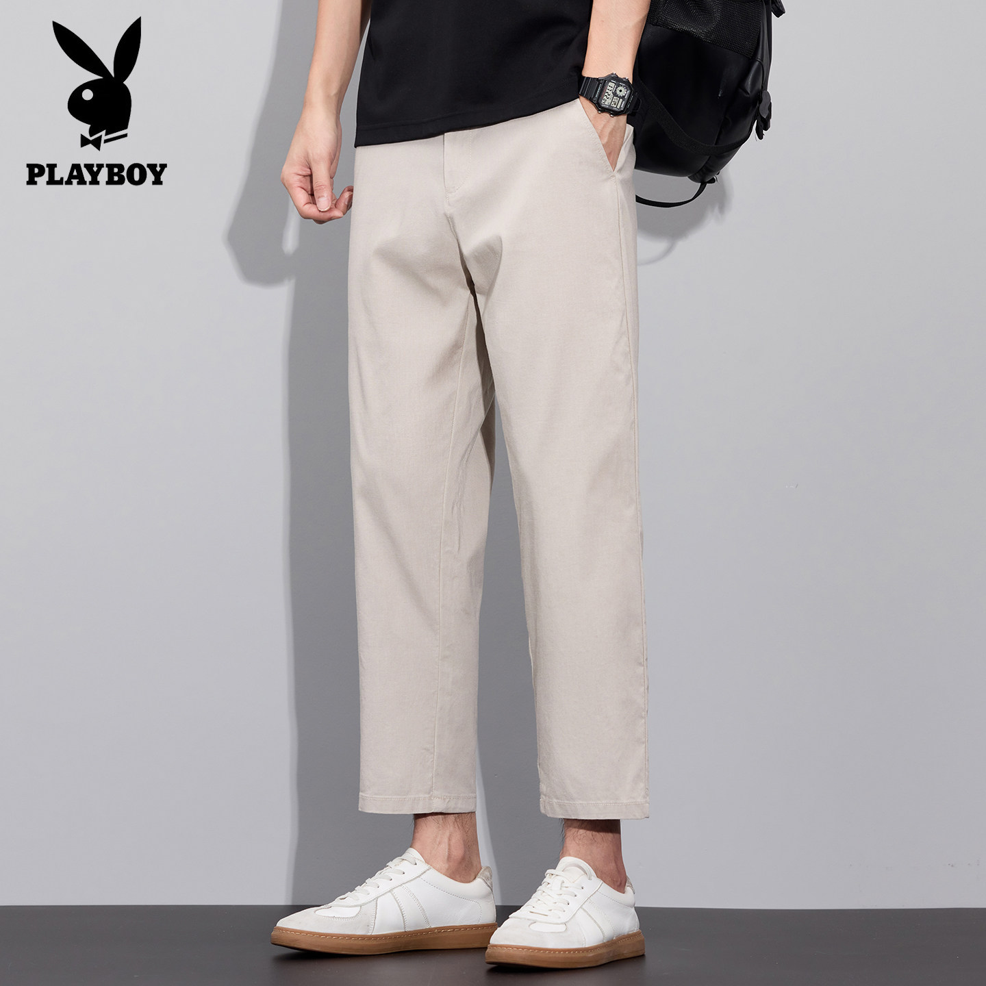 PLAYBOY亚麻冰丝八分/九分休闲裤