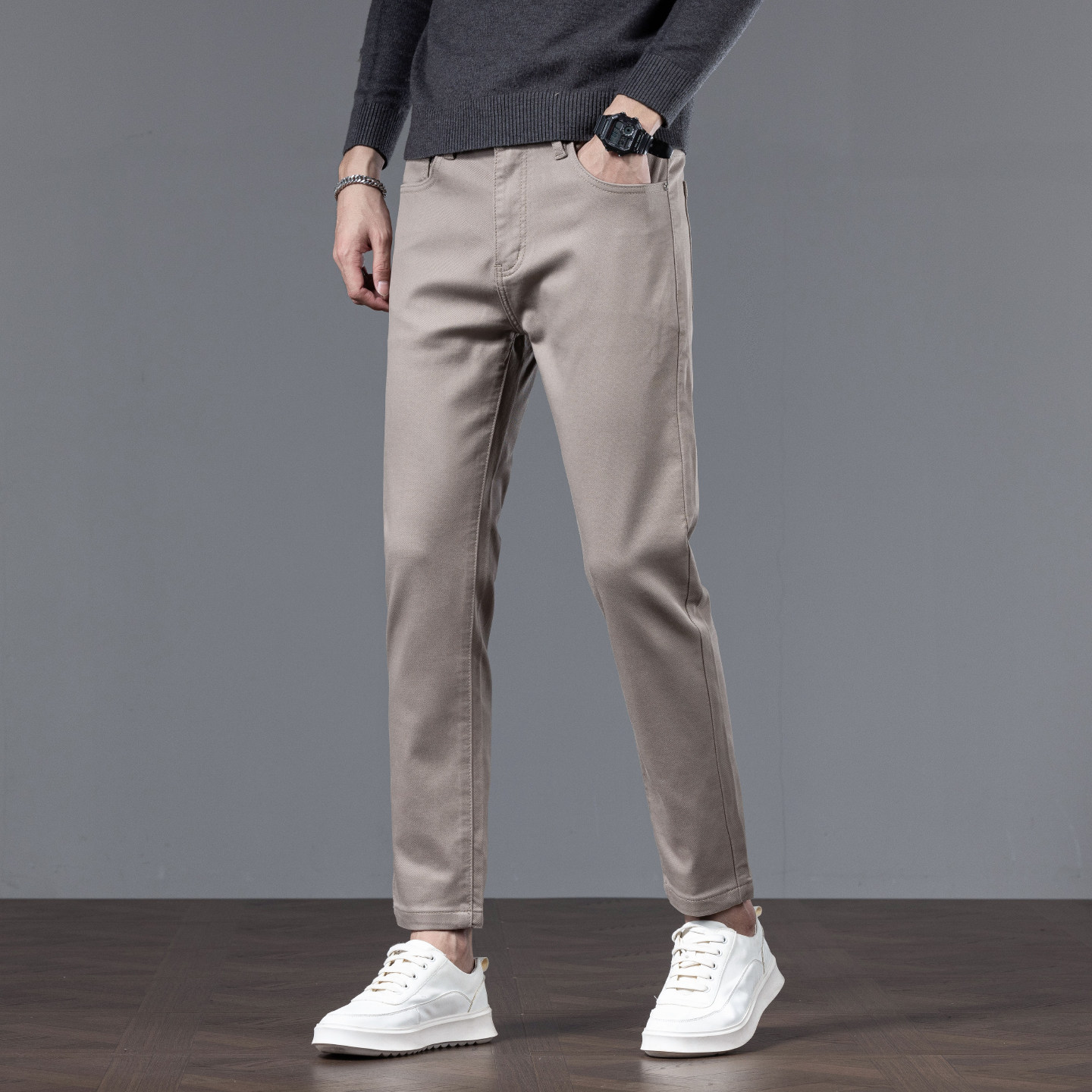 卡其色九分裤男款修身小脚春秋新款小个子显高弹力休闲牛仔裤男士