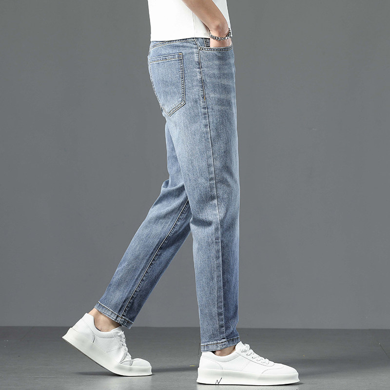 九分牛仔裤男款修身小脚夏季薄款瘦小个子显高浅蓝色弹力男士裤子