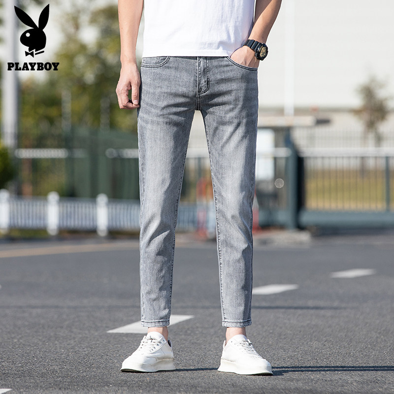 PLAYBOY夏季薄款九分牛仔裤男修身小脚小个子浅灰色弹力男士裤子