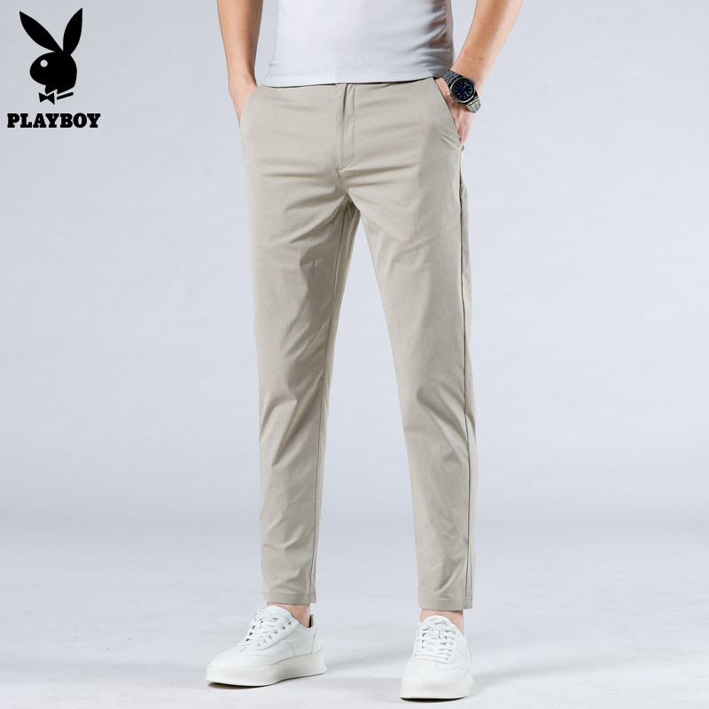 PLAYBOY九分休闲裤男款夏季薄款修身小脚西裤冰丝卡其色男士裤子