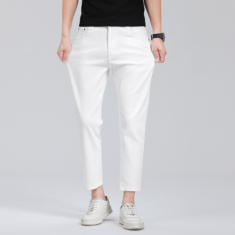 白色八分裤男款纯棉160矮小个子修身直筒春秋新款九分牛仔裤男士