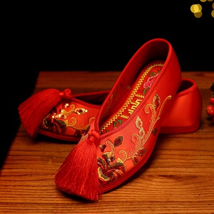 红色新娘绣花鞋 老北京亮片秀禾鞋 婚鞋 千层底流苏女布鞋 中式
