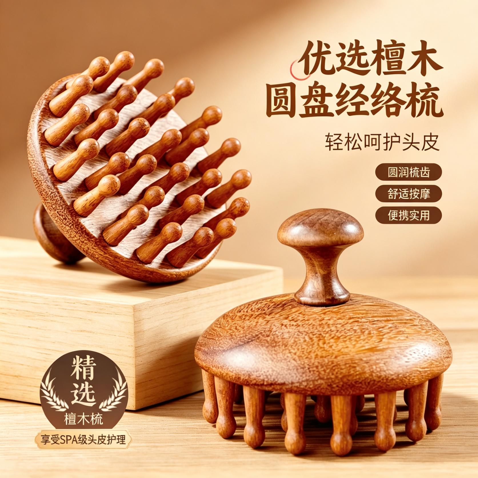 天然檀木梳子按摩头皮经络圆盘梳图片