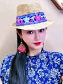 亚麻料镂空透气草帽度假爵士帽民族风帽子手工刺绣礼帽沙滩遮阳帽