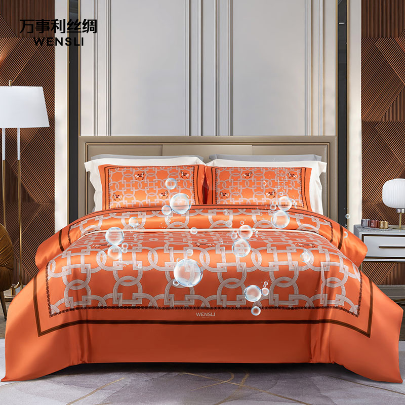 万事利新款桑蚕丝四季通用真丝四件套枕套床单被套乔迁礼物骑士