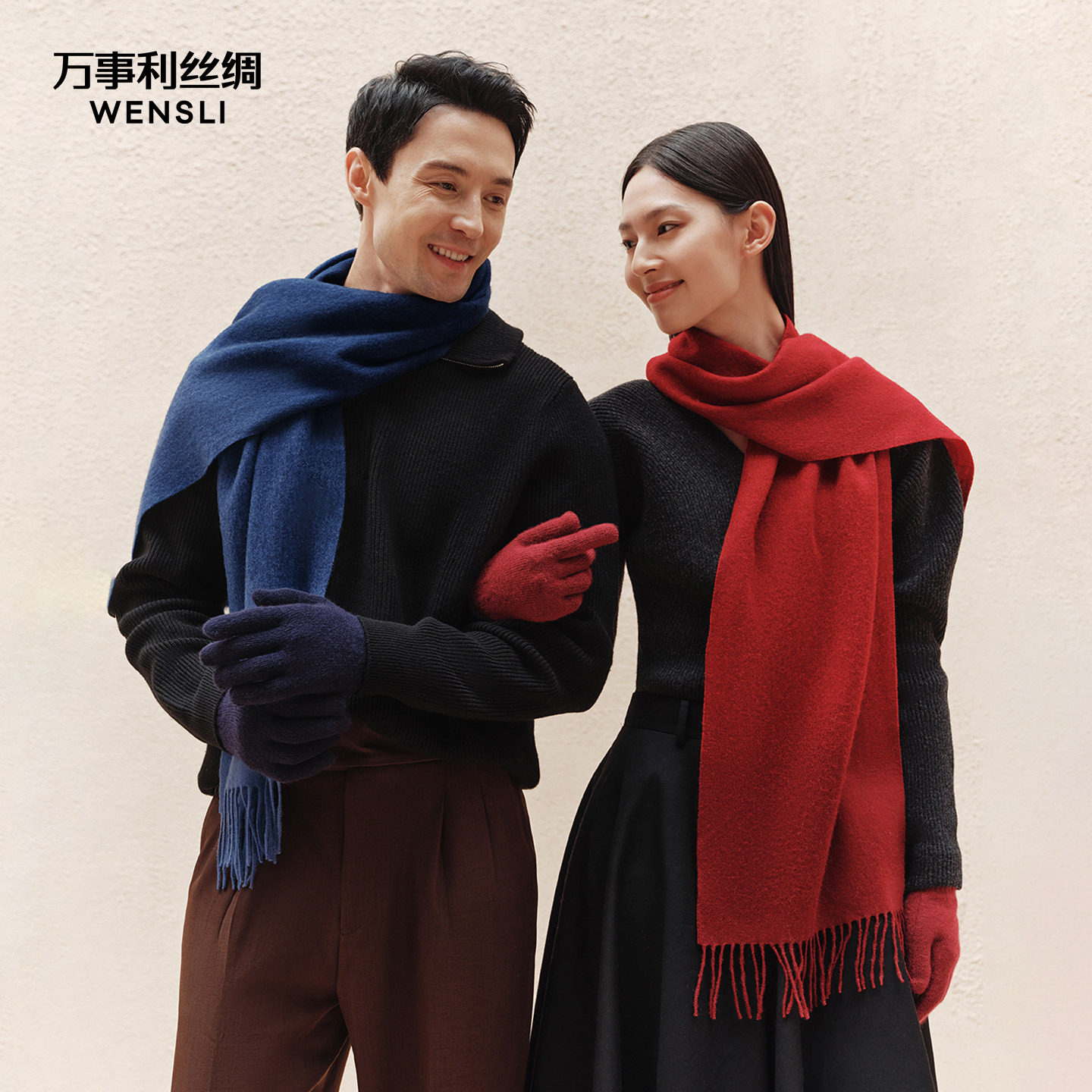 万事利秋冬新品100%绵羊毛围巾手套礼盒生日礼物保暖围脖喜气洋洋
