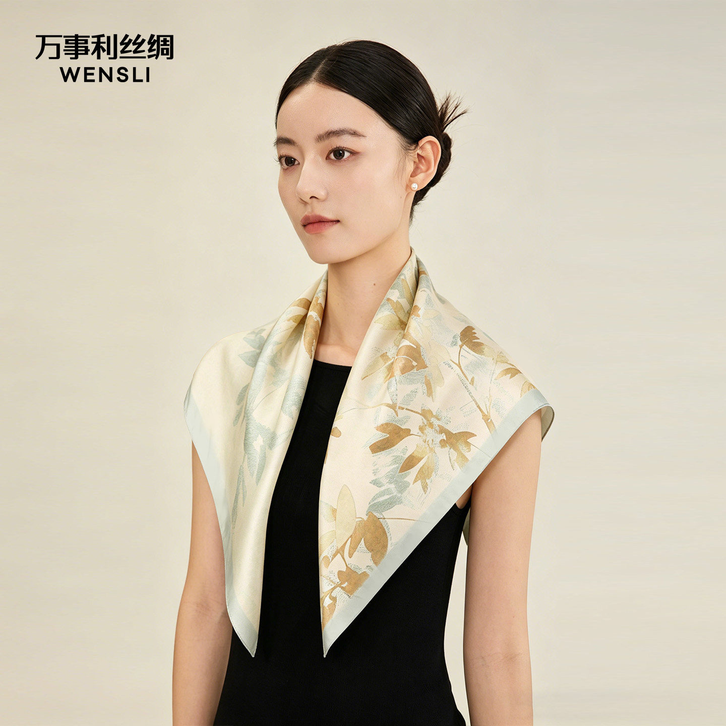 万事利26新品100%桑蚕丝真丝丝巾双面印花中方巾女送长辈-叶语集
