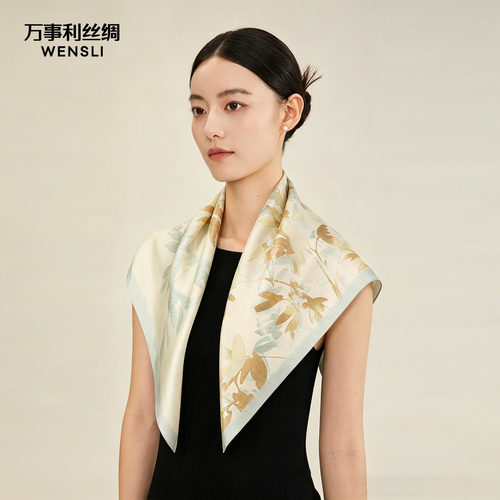 万事利26新品100%桑蚕丝真丝丝巾双面印花中方巾女送长辈-叶语集