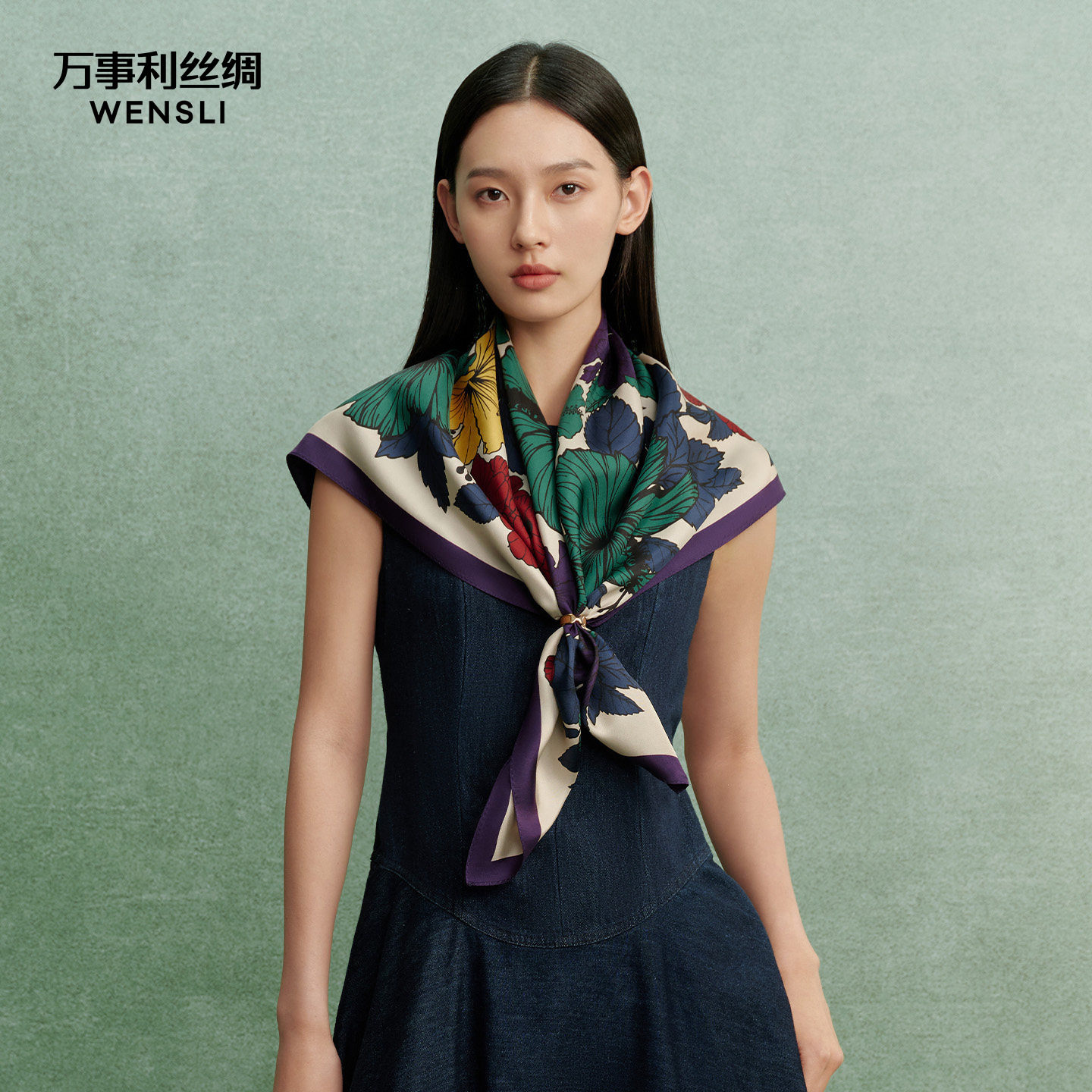 万事利26春夏新品真丝丝巾印花卷边大方巾围脖披肩女礼盒装花未央