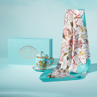 万事利丝瓷礼桑蚕丝真丝方巾75cm陶瓷杯丝巾礼盒夫人礼 倾城芳华