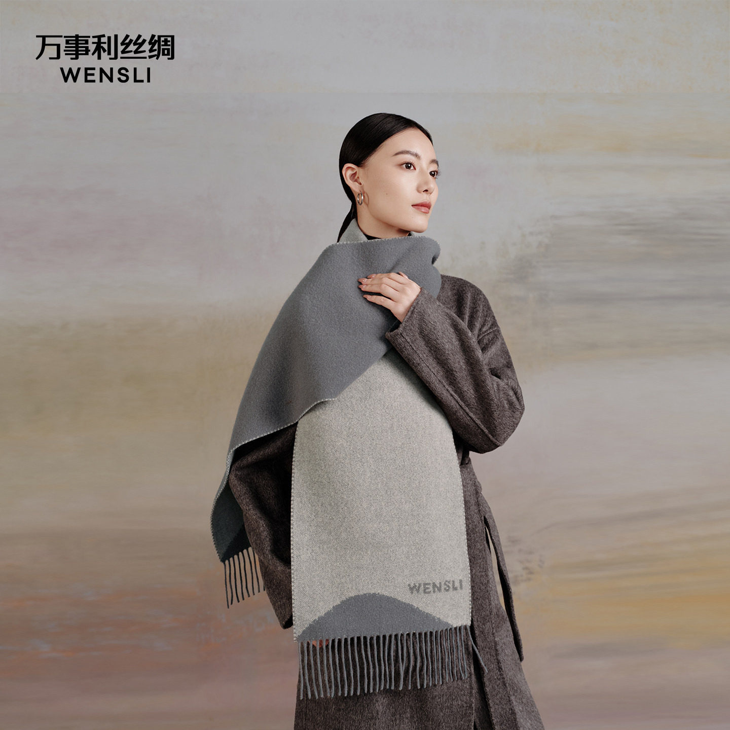 万事利新款100%绵羊毛双面异色加厚保暖围巾披肩送妈妈礼物常安颂图片