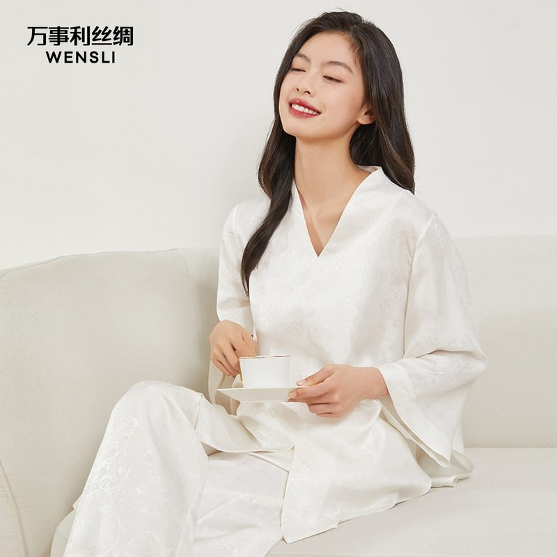 Wensli/万事利新中式19姆米花罗真丝睡衣女家居服套装可外穿