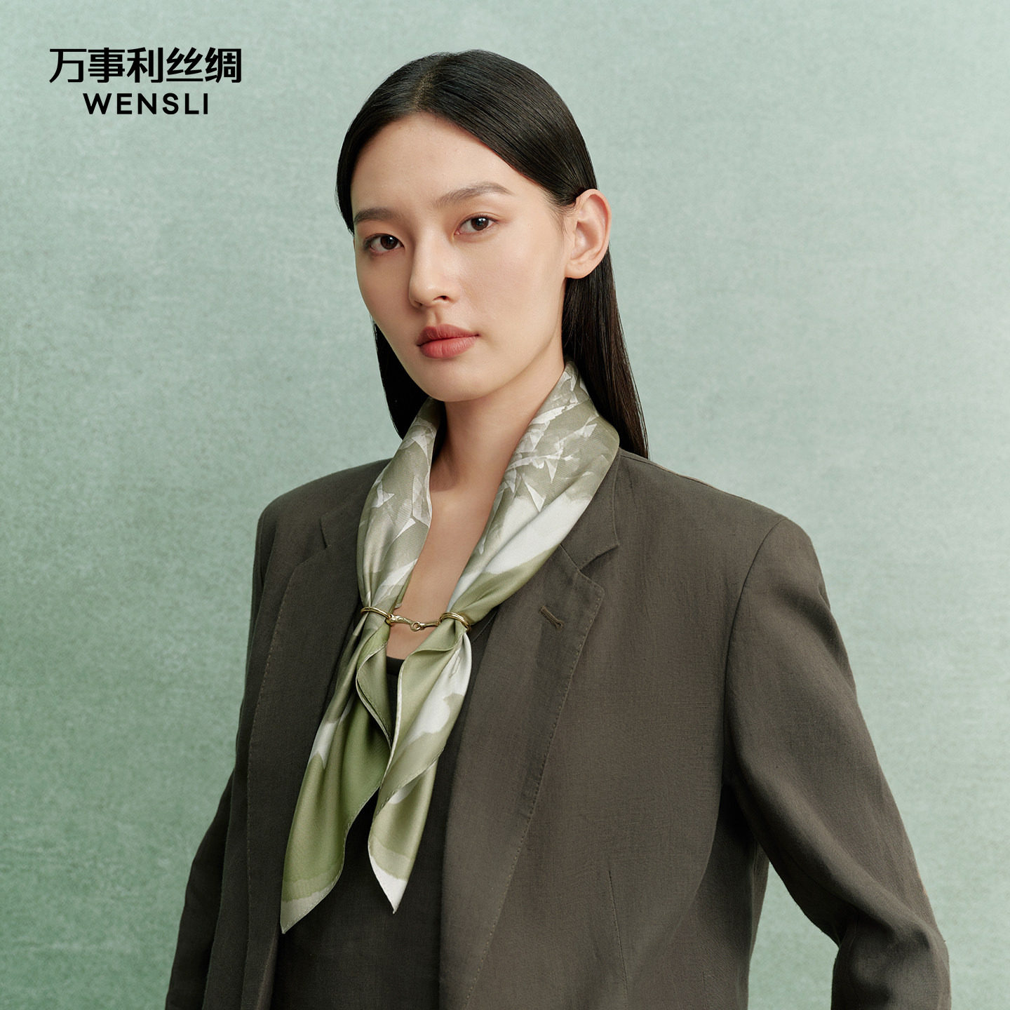 万事利26春夏新品真丝丝巾桑蚕丝中方巾围脖绿送妈妈礼盒好运玫瑰