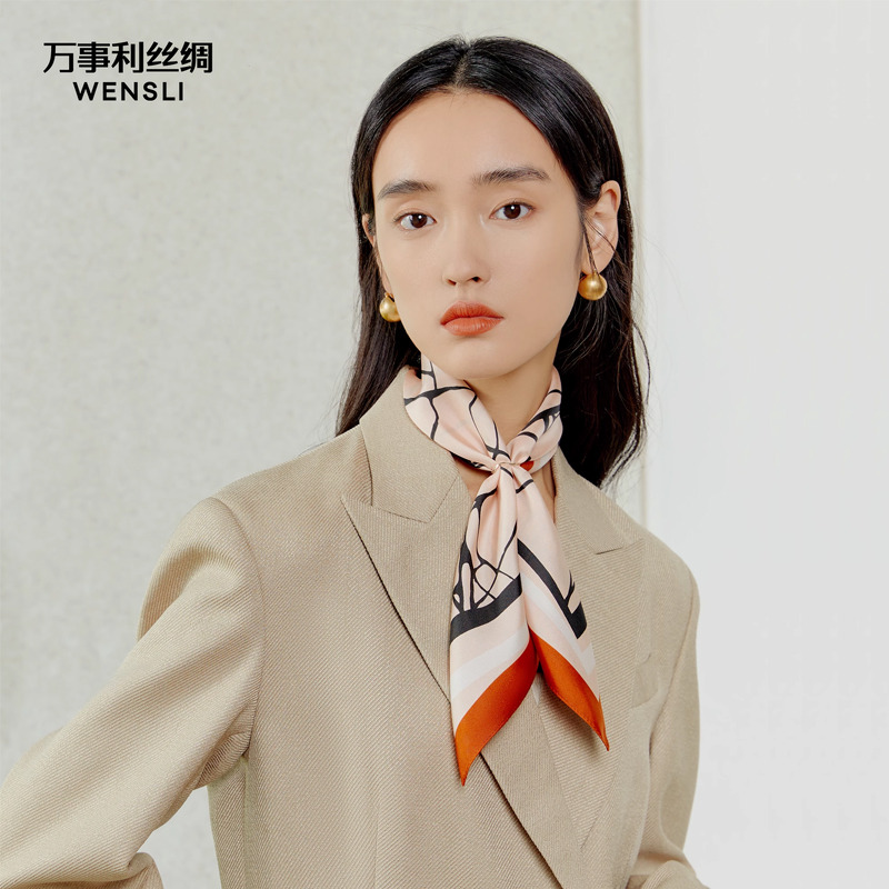 万事利100%桑蚕丝真丝丝巾女线条简约时尚百搭双面印花小方巾凯瑟
