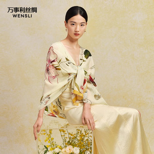 万事利真丝丝巾女长巾送礼雪纺纱巾围巾披肩桑蚕丝纱巾落英缤纷