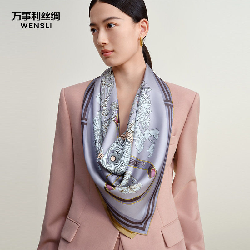 万事利新品桑蚕丝丝巾双面异色75cm方巾生日礼物女生--繁花颂歌