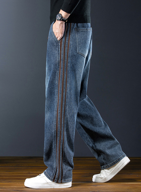 雷茨美式重磅休闲牛仔裤男秋冬款潮牌宽松直筒长裤子侧边条纹男裤