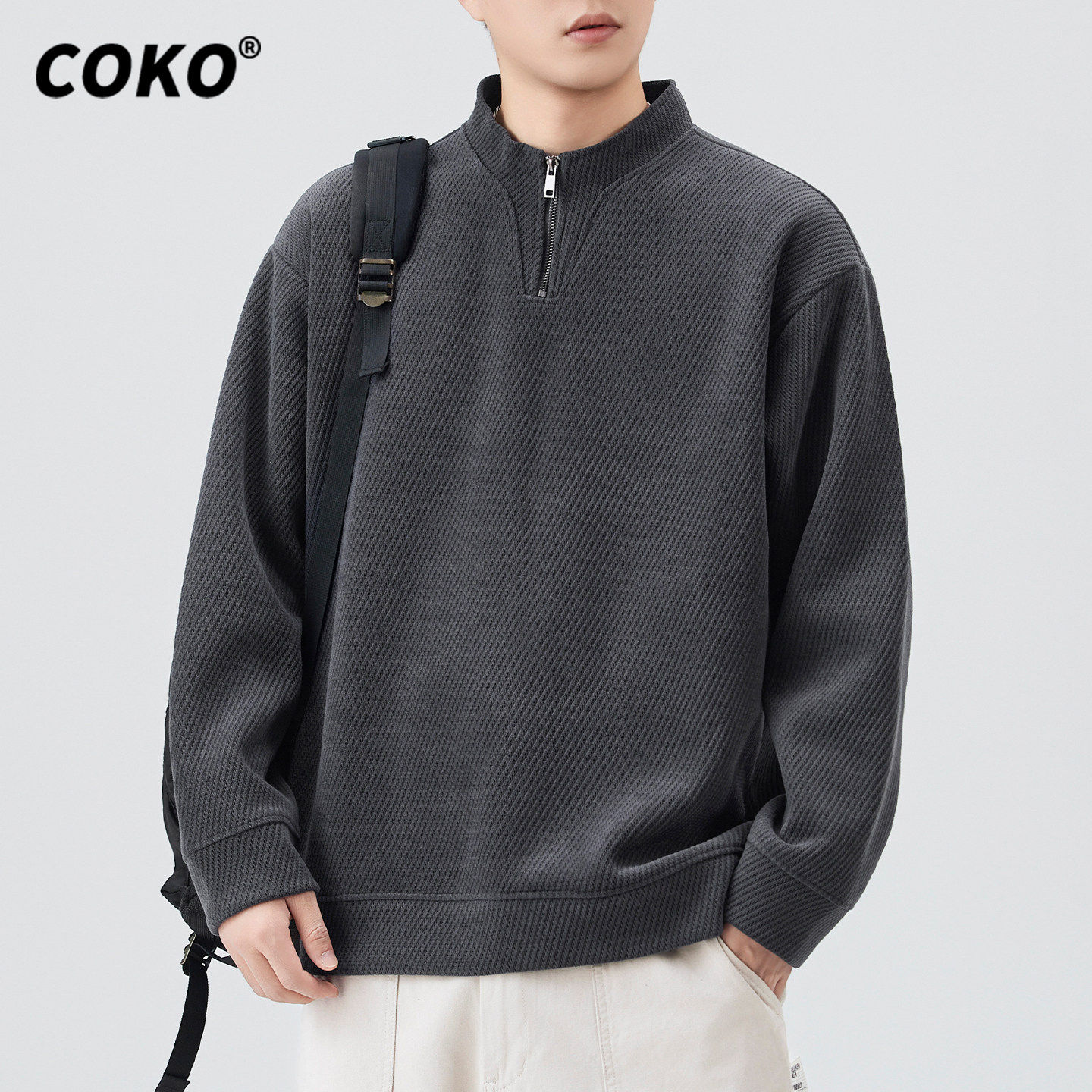 COKO高级感半拉链休闲卫衣男宽松大码秋冬季加绒潮牌时尚立领上衣