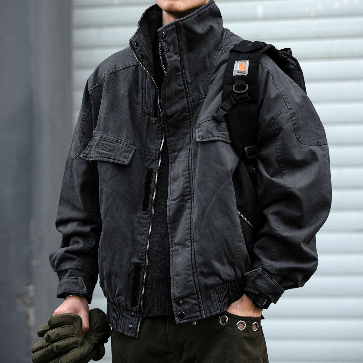 座山雕肌理感飞行夹克短款复古工装水洗做旧vintage棉服厚外套潮