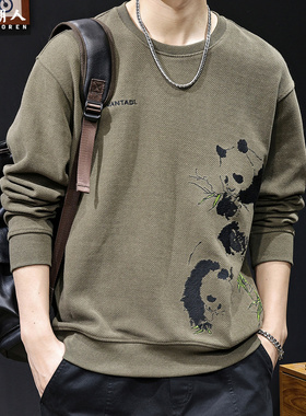 熊猫绣花2025新款男士卫衣潮牌宽松大码休闲长袖秋季高端加绒衣服