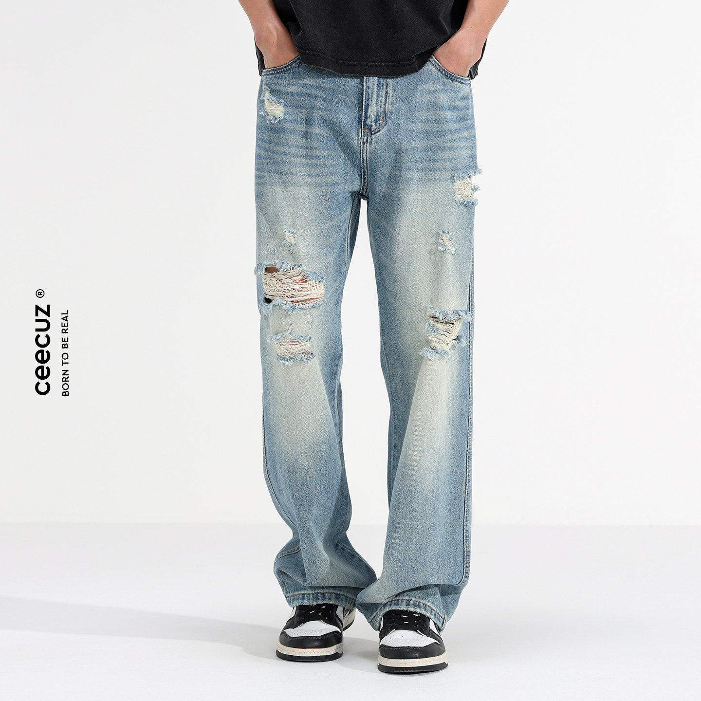 Ceecuz复古做旧破洞牛仔裤男夏季薄款宽松阔腿拖地个性直筒长裤子