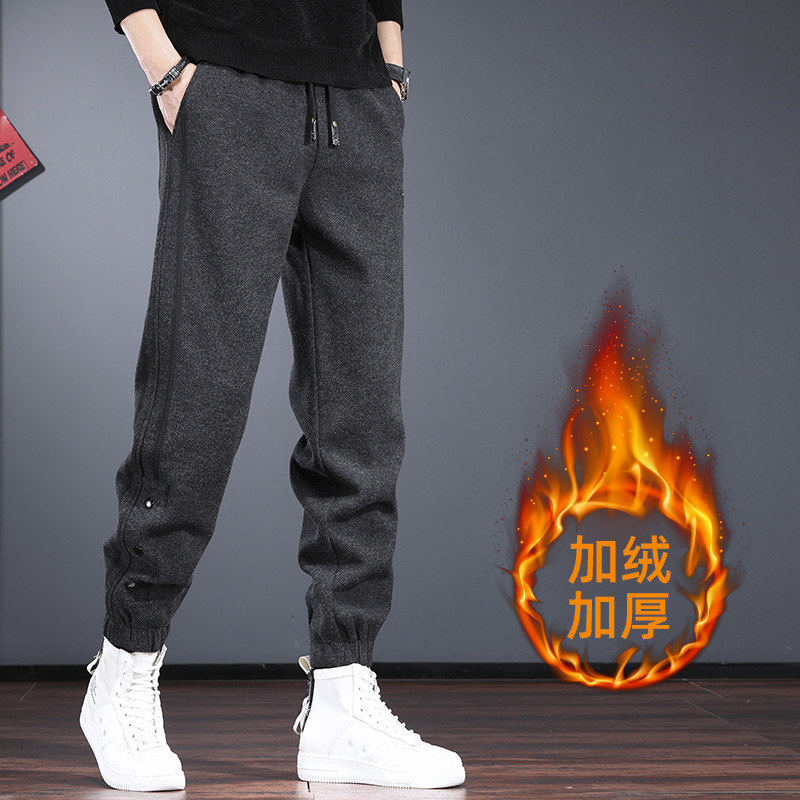 高级感休闲加绒裤男秋冬季潮牌格雷系加厚款保暖宽松束脚运动卫裤