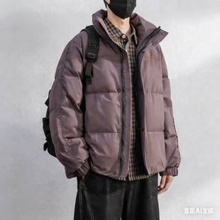 高充90白鸭绒蓬松感紫色羽绒服男士短款冬季保暖加绒立领外套男装