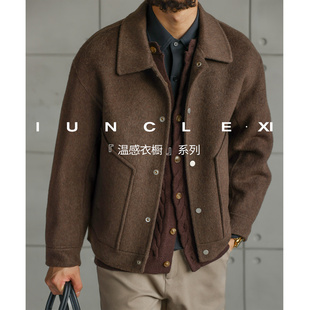 IUNCLEXI【手工羊绒】秋冬双面呢羊绒夹克男短款毛呢大衣保暖外套