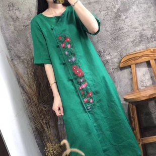 女短袖 1夏季 女裙宽松大码 盘扣连衣裙长款 圆领 新亚麻绣花复古中式
