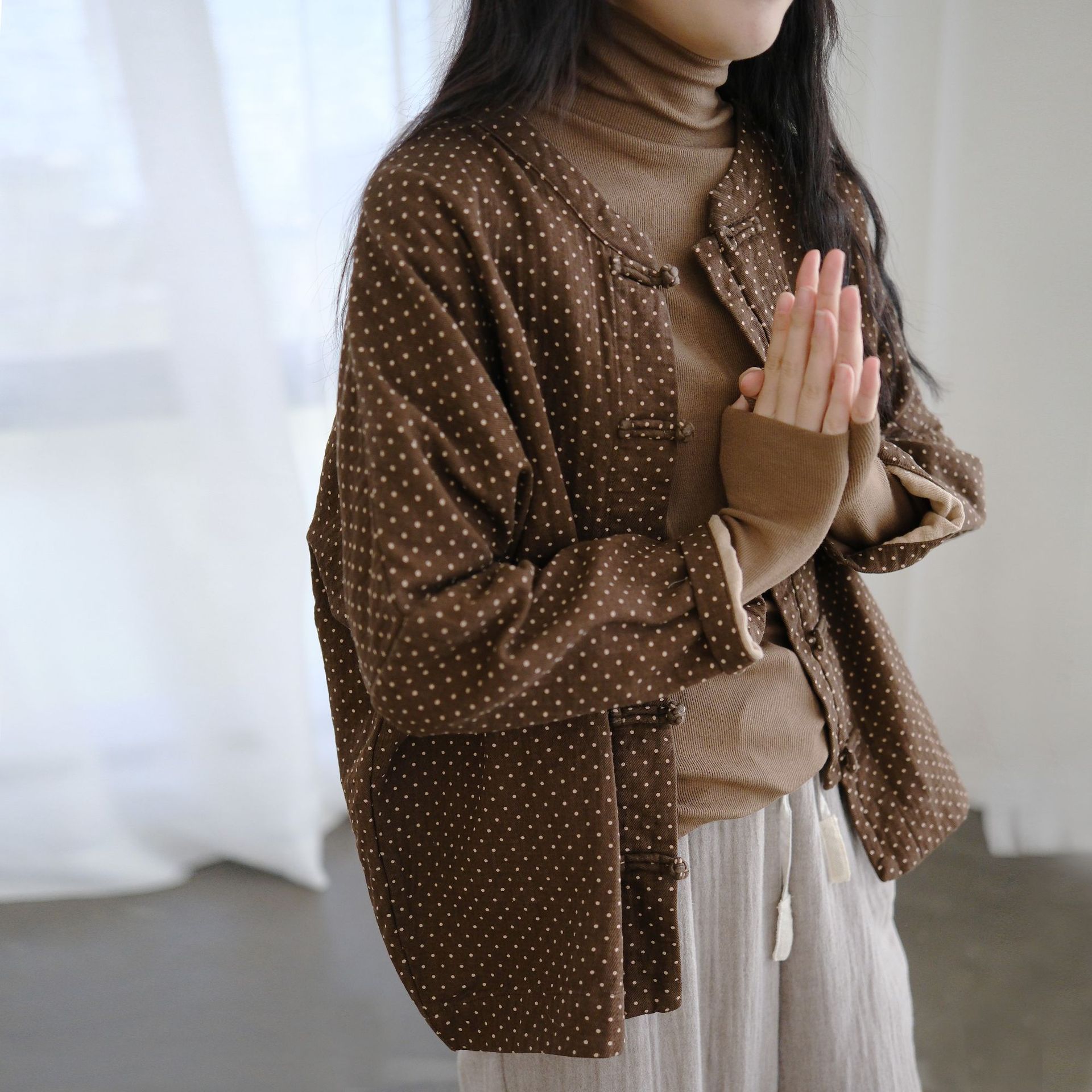 原创复古小波点廓形盘扣对襟开衫轻中式春秋宽松外套衬衫秋冬上衣