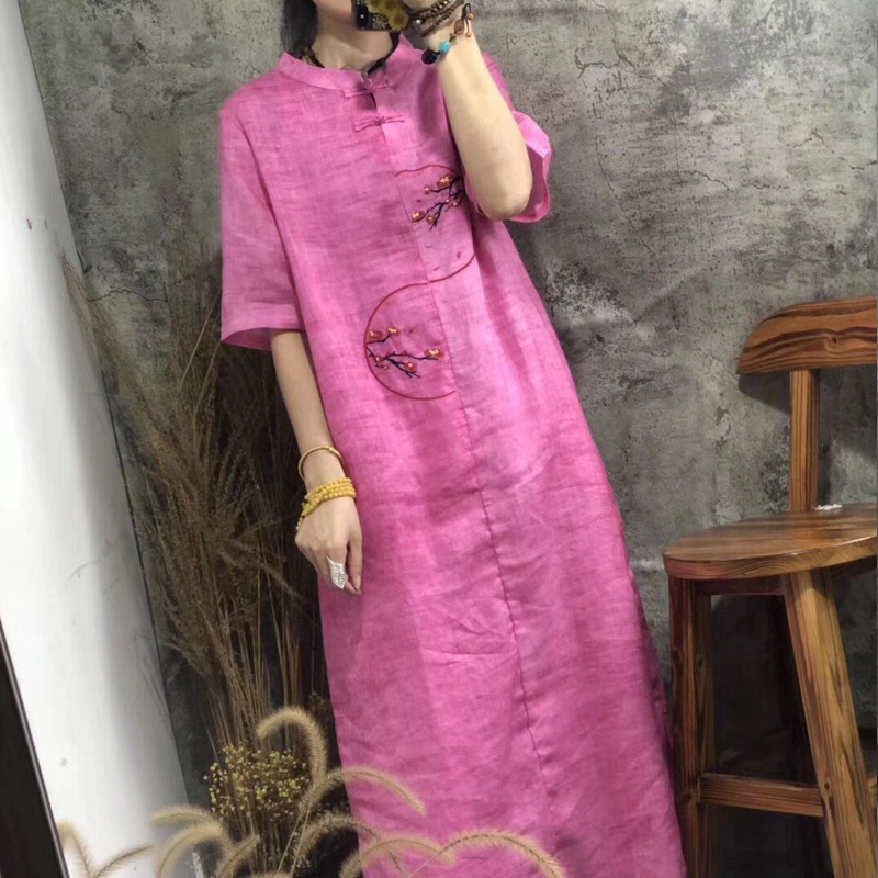 1夏薄款苎麻盘扣复古文艺刺绣绣花袍子下开叉连衣裙短袖圆领女式