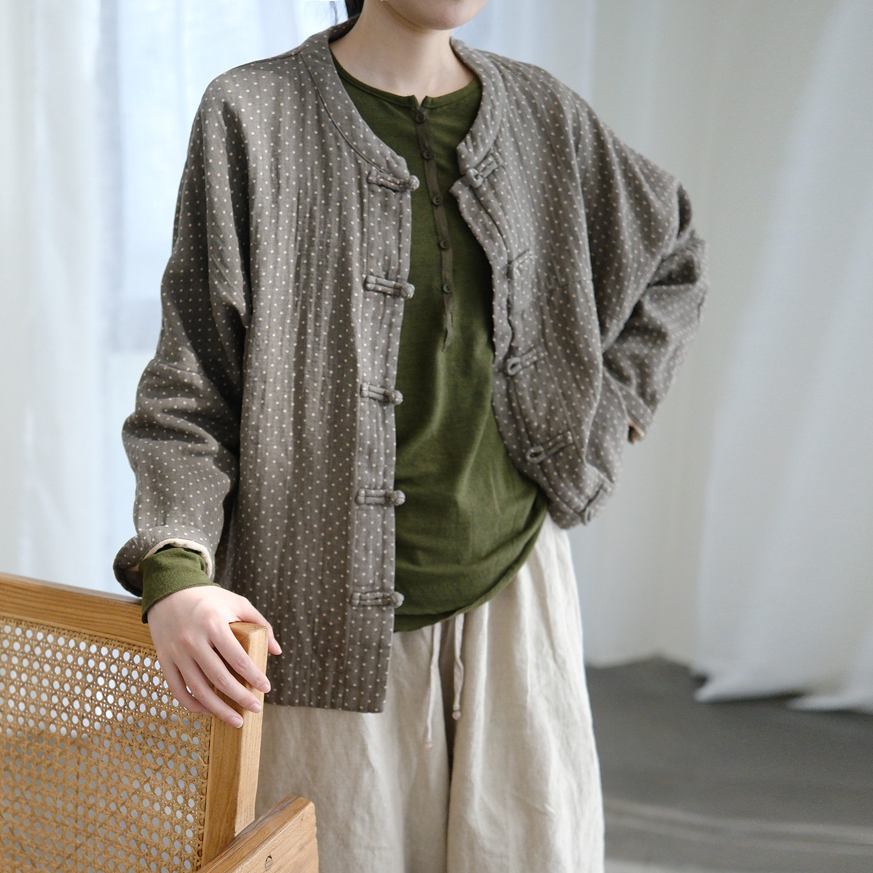 原创复古小波点廓形盘扣对襟开衫轻中式春秋宽松外套衬衫秋冬上衣