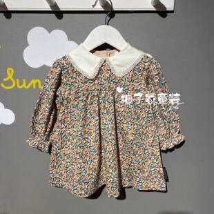 90-130码韩国童装春秋女童宝宝淑女娃娃领绿叶黄花长袖纯棉连衣裙