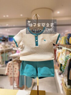 90-150码韩版童装夏款男女童宝宝绿色拼接华夫格短袖t恤短裤套装
