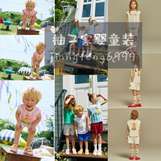 110-150码韩版童装夏款男女童圆领无袖T恤背心短裤四色彩虹花套装