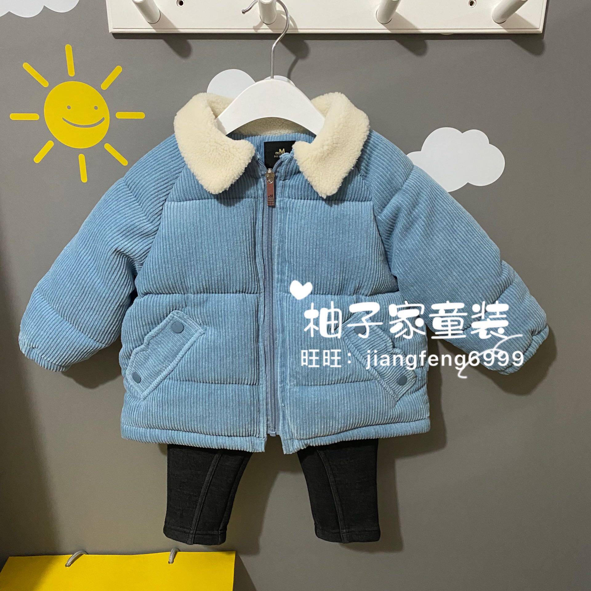 90-130韩国童装秋冬男女童宝宝白毛毛翻领灯芯绒柔软保暖棉服夹克