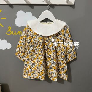 90-130韩国原d童装春秋女宝宝白花翻领黄碎花长袖淑女公主连衣裙