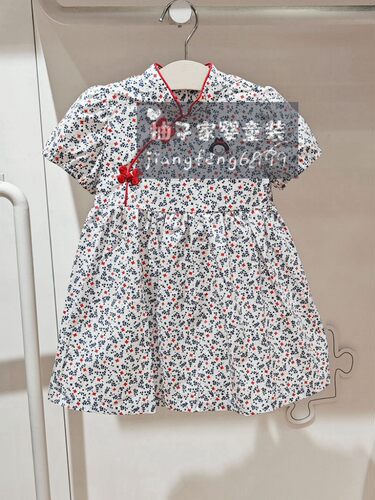 90-140码韩版童装夏女童宝宝洋气盘扣复古旗袍礼服蓝碎花连衣裙子