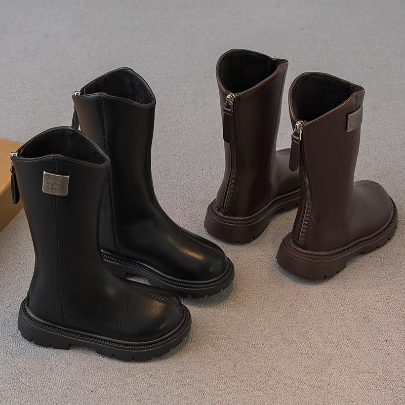 冬款儿童女二棉加绒中筒皮靴