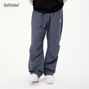 Gastation泡泡纱格纹弯刀裤 微皱肌理感柔软梭织长裤花体绣花