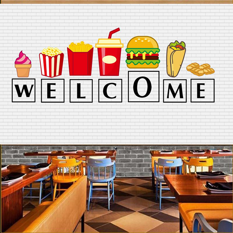 汉堡店墙纸披萨店壁纸简约现代网红打卡背景墙炸鸡店墙面装饰壁画图片