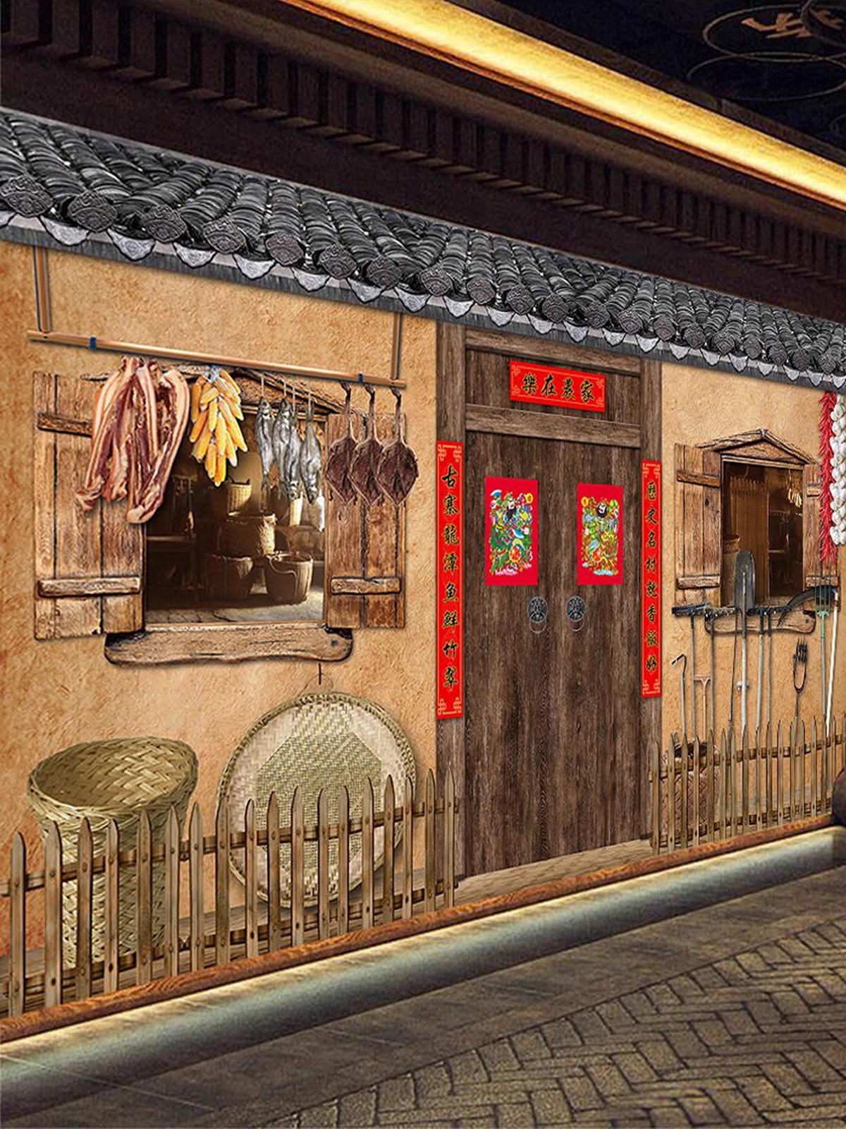 农村土墙壁纸铁锅炖装修设计饭店装饰背景怀旧水泥壁画老房子墙纸