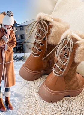 艾斯臣中筒雪地靴女新款冬季百搭加绒加厚棉鞋时尚马丁靴雪地鞋