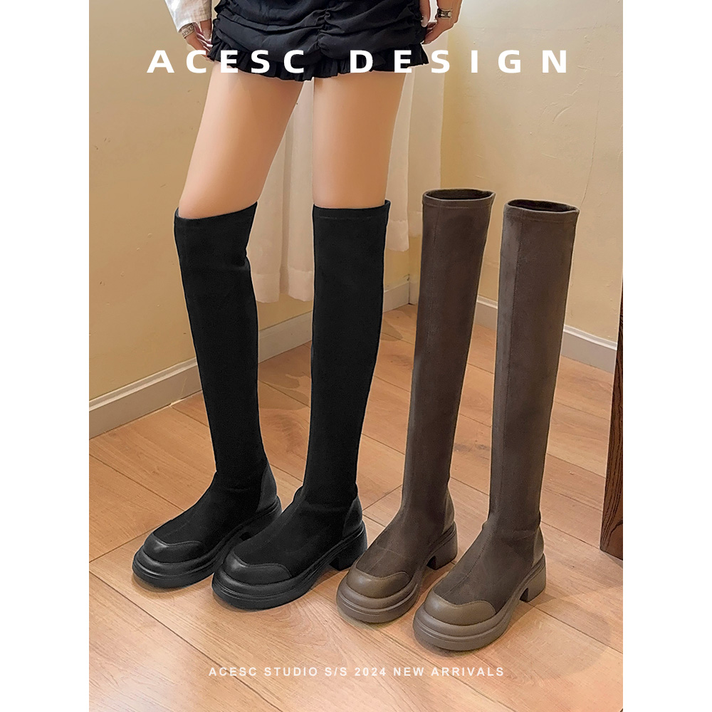 Acesc/艾斯臣粗跟长靴圆头过膝靴