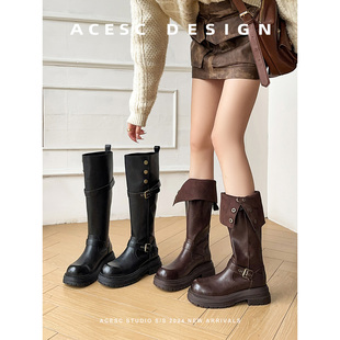 艾斯臣两穿靴子女长筒靴复古英伦风粗跟厚底长靴高筒显瘦骑士靴