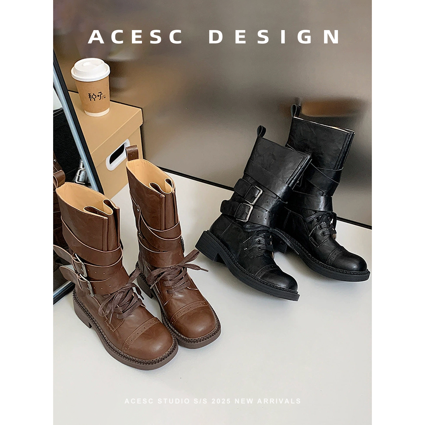 2025新款粗跟机车靴扣带马丁靴潮中筒靴子女真皮女靴时尚百搭